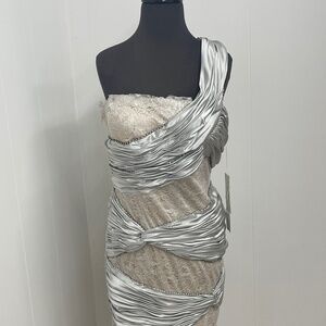 Feriani Couture Silver Lace Satin One Shoulder Cocktail Dress Style 18203 Sz 12